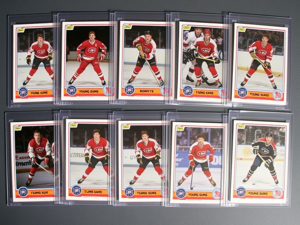 a collection of iconic Young Guns rookie hockey cards laid out in protective sleeves