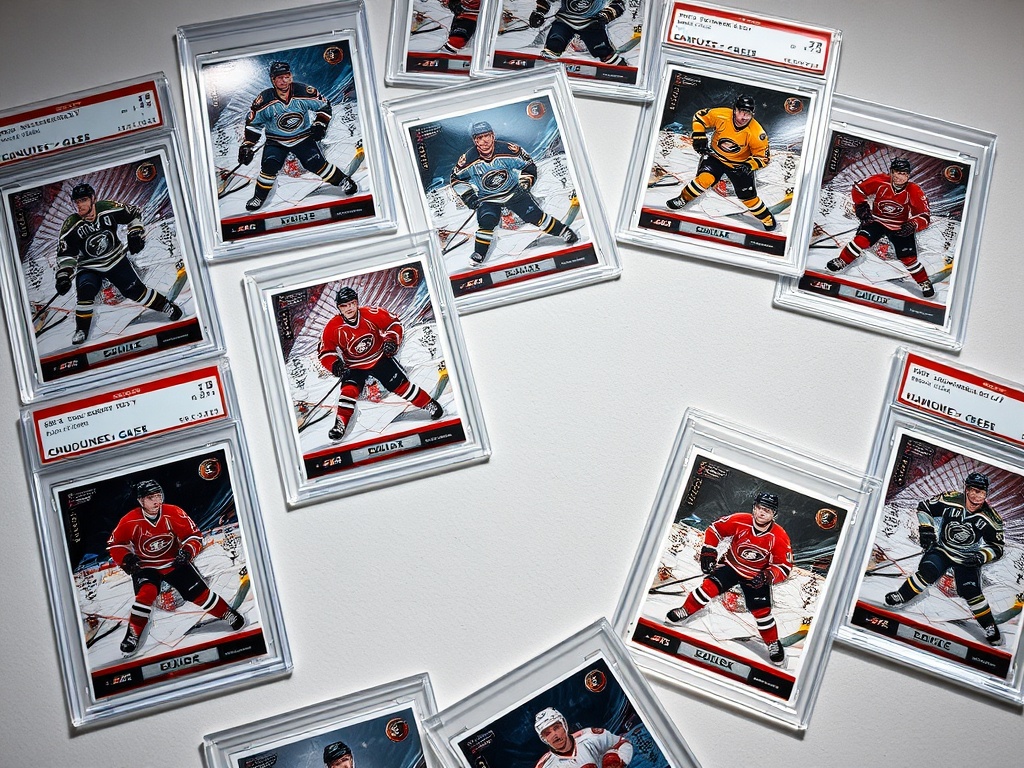 a dramatic flat lay of modern hockey trading cards with chrome finishes, rookie cards, and graded slabs under soft lighting