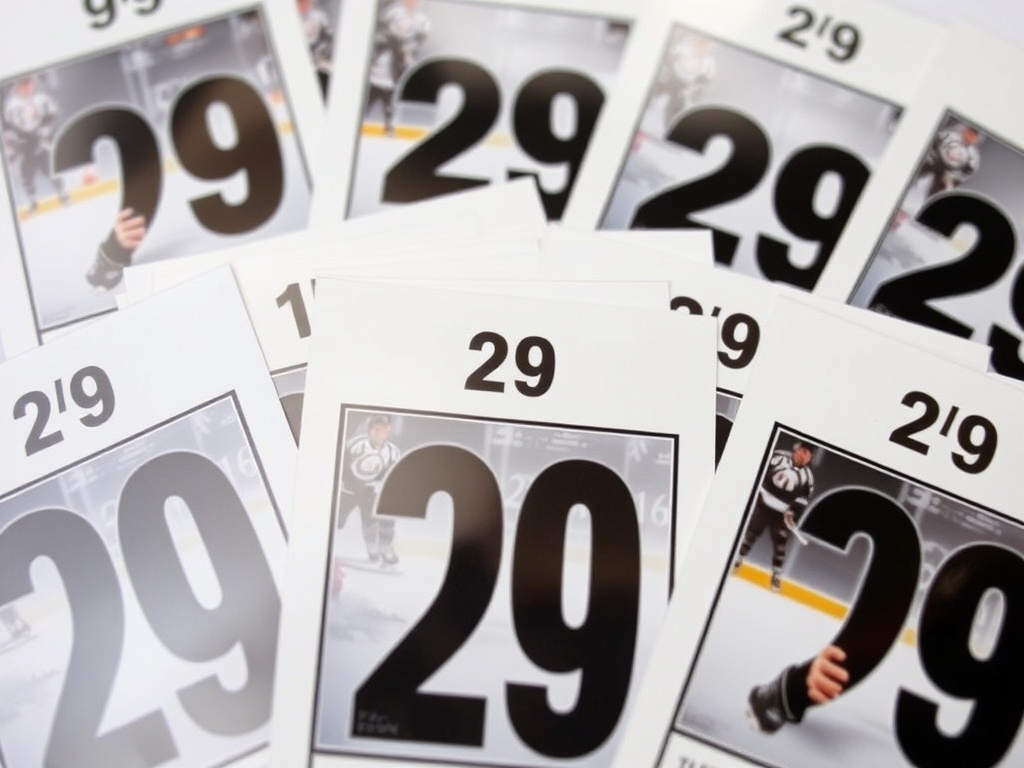 a spread of numbered hockey cards showing serial numbers like /10 /25 /99 clearly visible