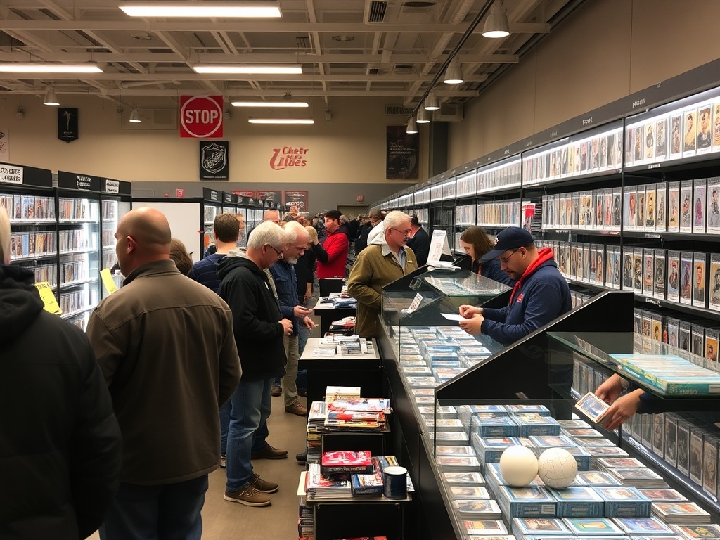 busy hockey card show with display cases, collectors browsing and trading cards