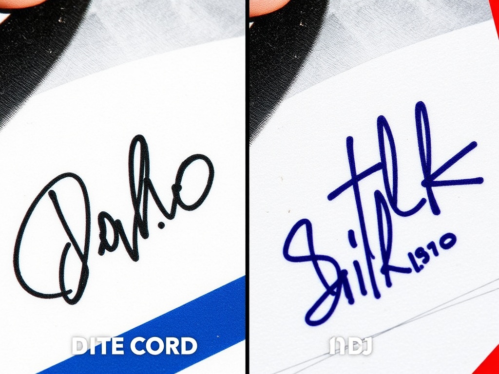 close-up of a hockey card autograph on-card vs sticker comparison showing texture and ink differences
