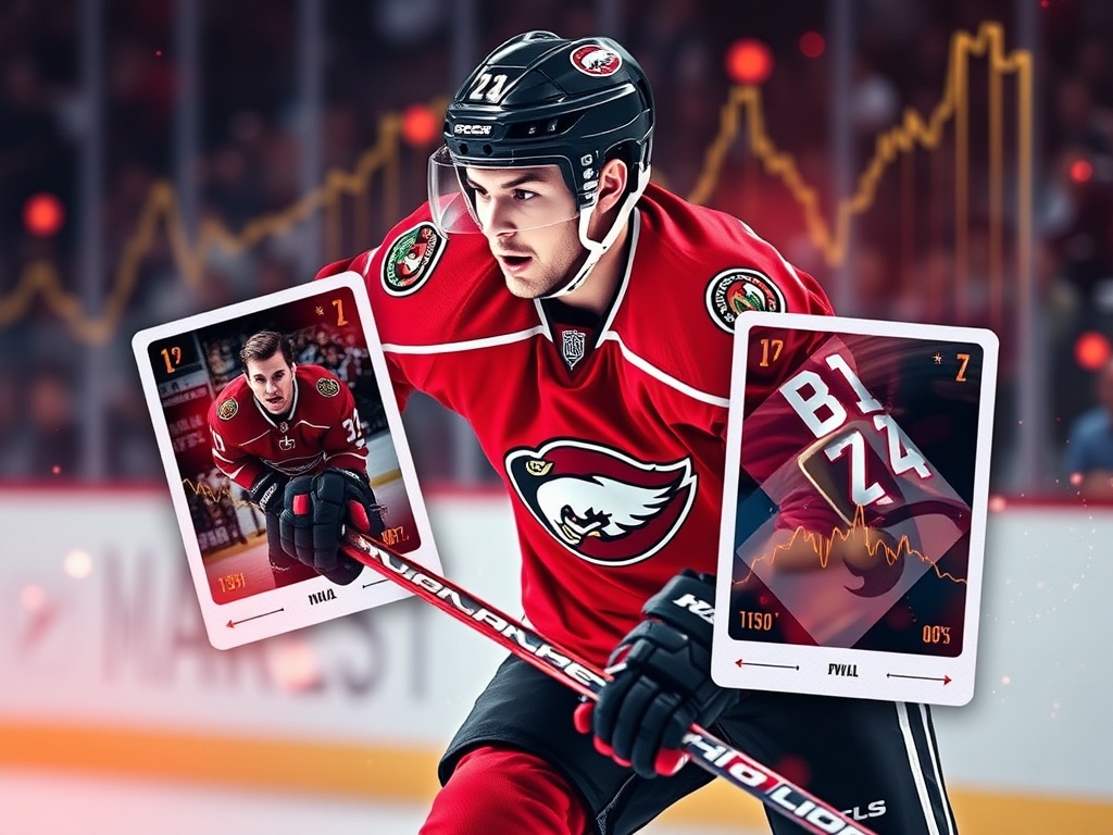 hockey player in action with trading cards overlaid symbolizing market highs and lows