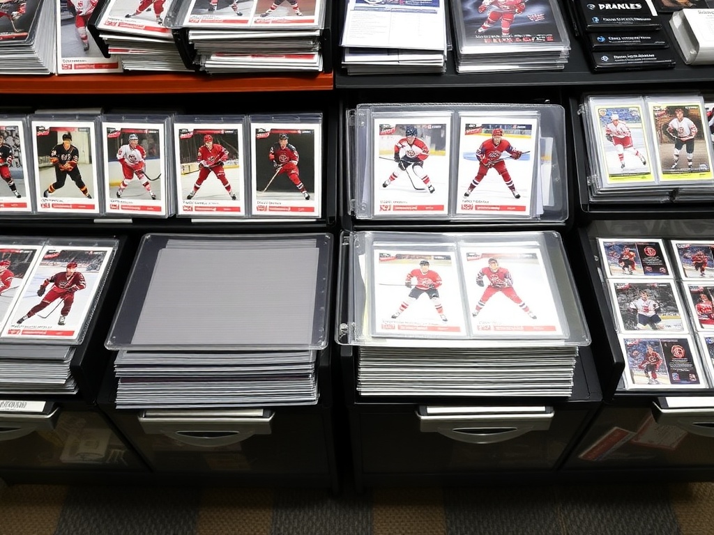 organized hockey card collection in binders and display cases categorized by player and set