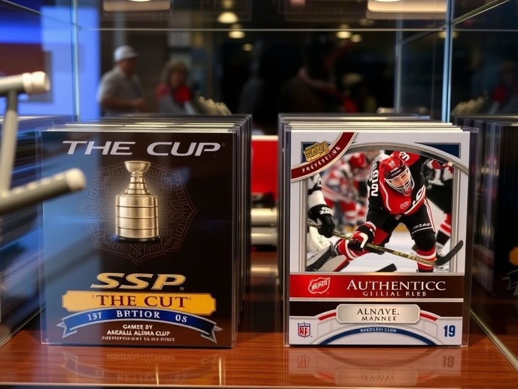 premium hockey card products like The Cup and SP Authentic displayed in a collector showcase