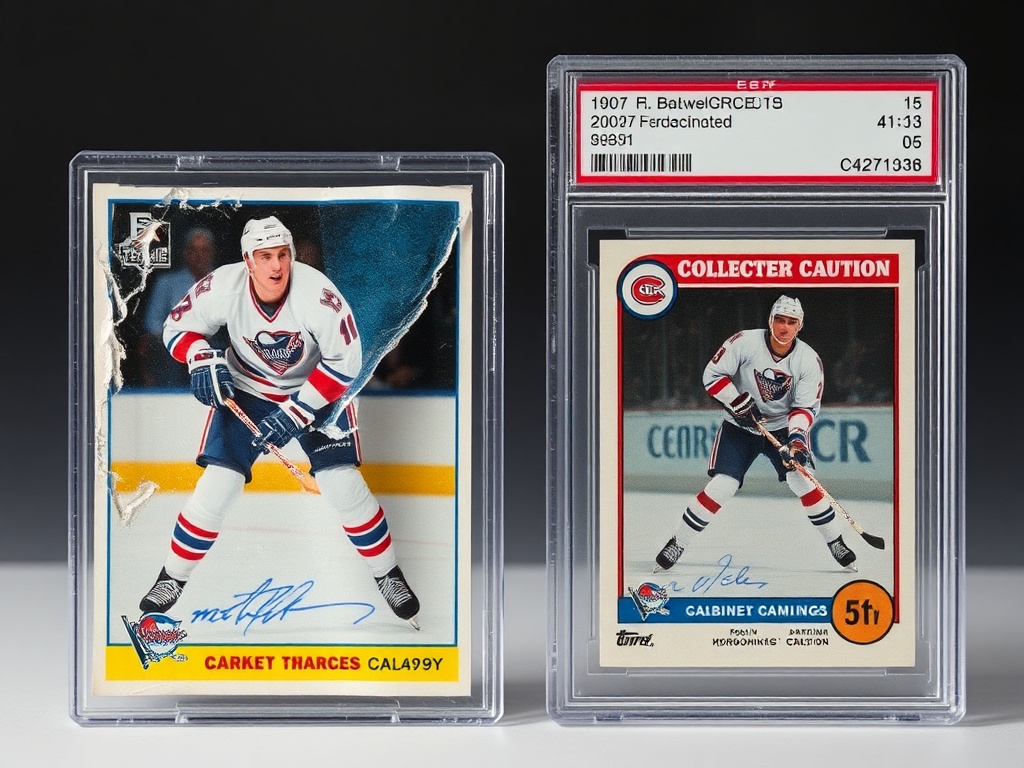 a damaged hockey card with bent corner next to a pristine graded card, strong contrast, collector caution scene