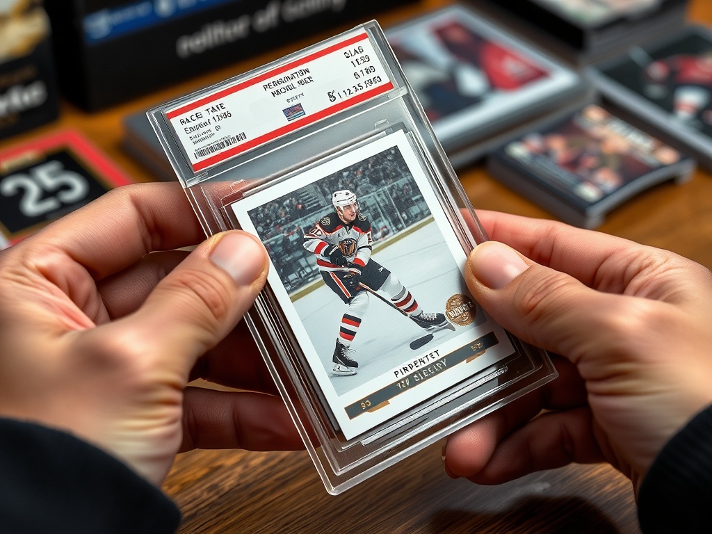 close-up of hands placing a hockey card into a penny sleeve and top loader, crisp detail, collector workspace