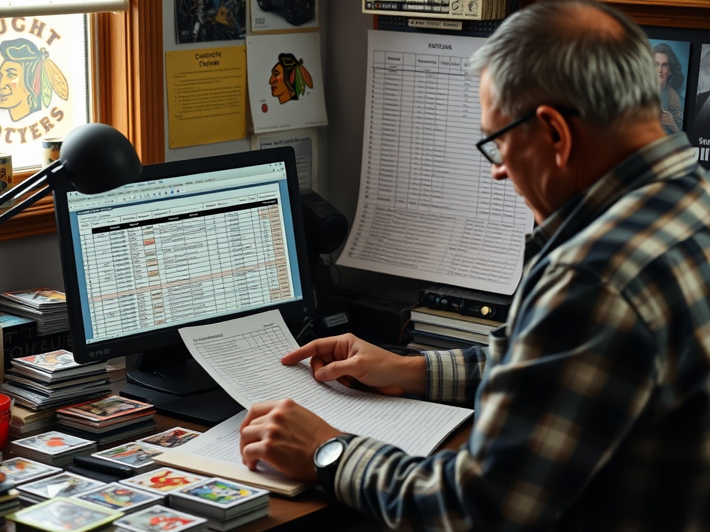 collector reviewing a spreadsheet of hockey cards while organizing cards on desk, focused and methodical mood