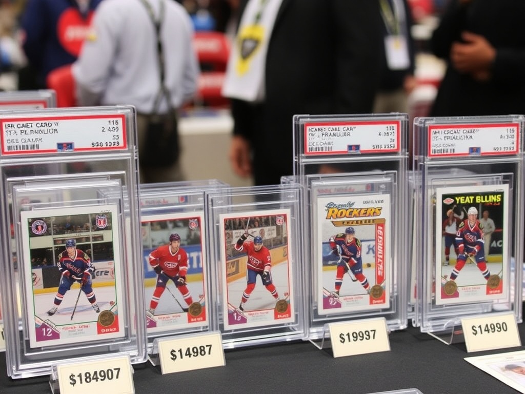 graded hockey cards in protective slabs displayed neatly with price tags at a card show booth