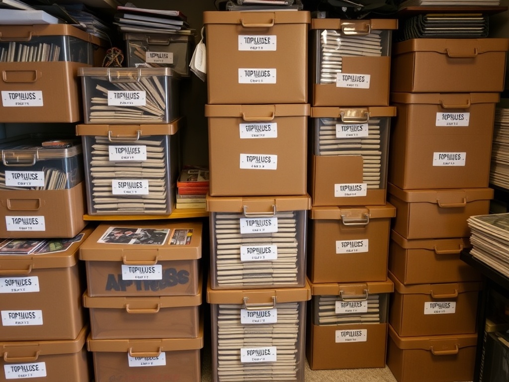 organized storage boxes labeled for hockey cards, rows of top loaders neatly arranged, collector room aesthetic