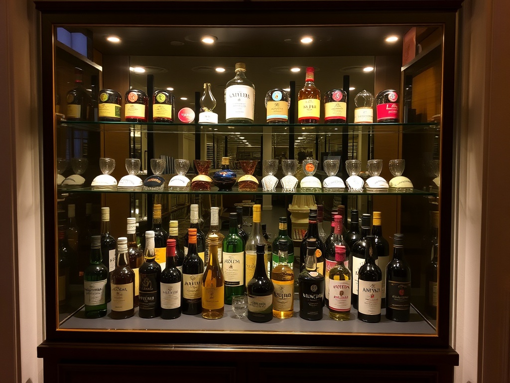 A beautiful glass display case filled with hotel bottles and caps, illuminated by soft lighting, showcasing the collection in an elegant and protective environment.