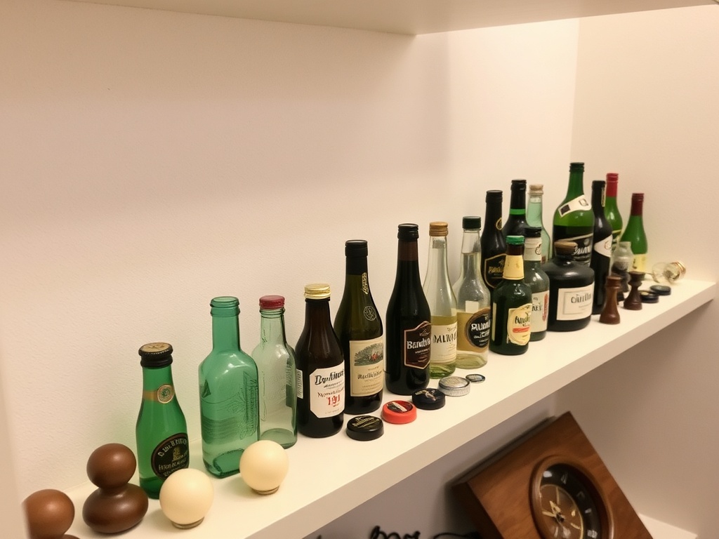 A neatly organized display of collectible hotel bottles and caps, each resting on a clean, dust-free shelf in a well-lit room. The items are placed in a way that highlights their colors and unique features.