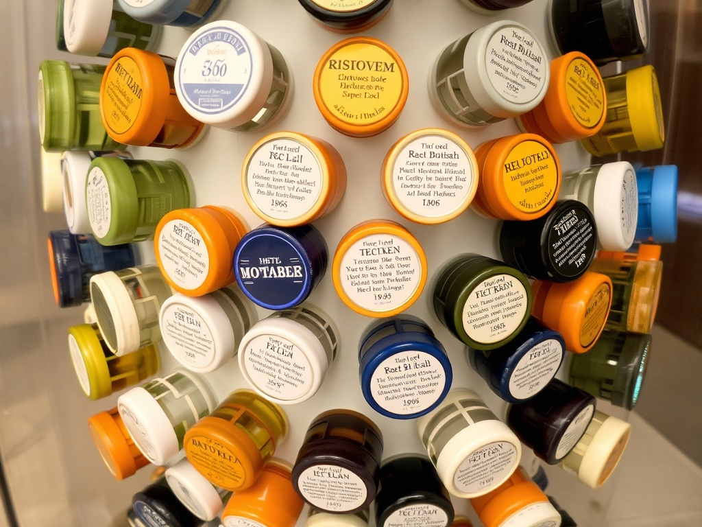 A rotating display of hotel bottles and caps, each with a small label providing details about its origin and history, offering a unique insight into each item.