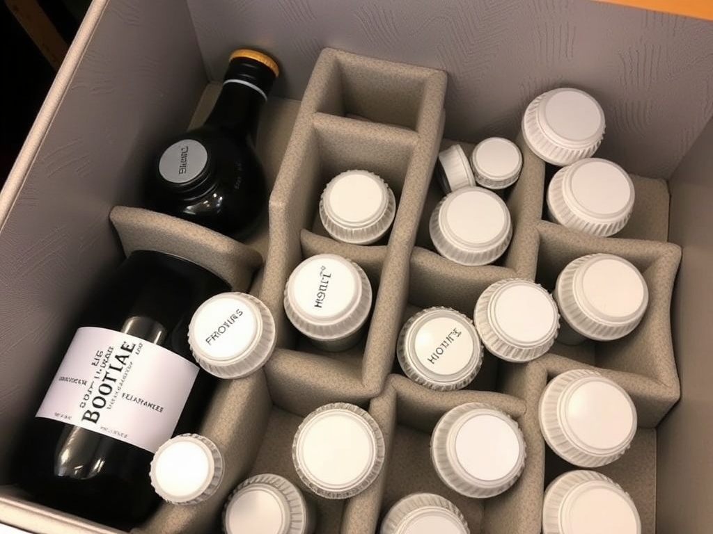 An organized storage box with padded dividers separating hotel bottles and caps, ensuring each item is protected from damage.