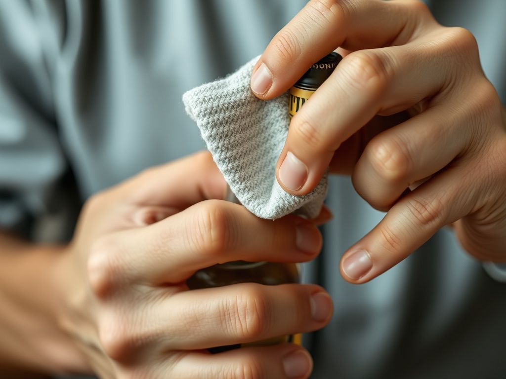 Close-up of a collector gently cleaning a hotel bottle with a microfiber cloth, careful not to damage the intricate label or cap design.