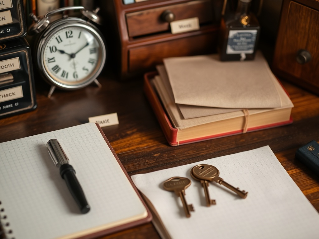 a neatly organized collector desk with labeled small items, vintage hotel keys, notebook, soft lighting, high detail