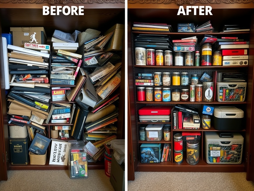 before and after comparison of poorly stored vs well organized small collectible items, dramatic contrast
