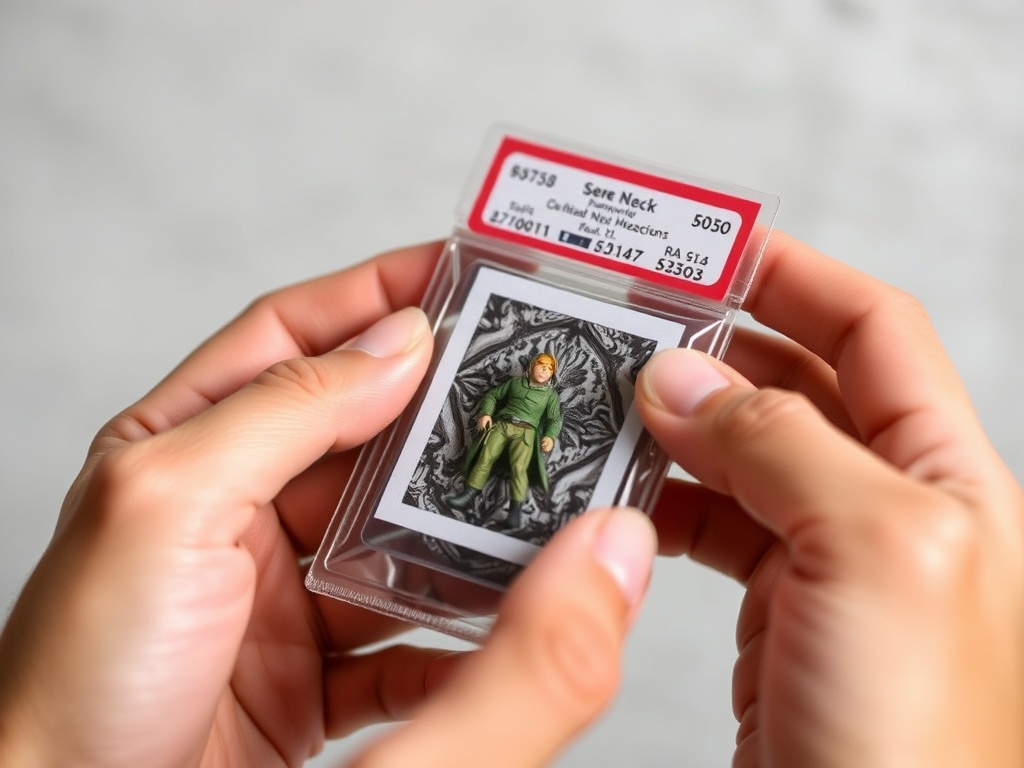 close-up of hands carefully placing small collectible into protective sleeve with label