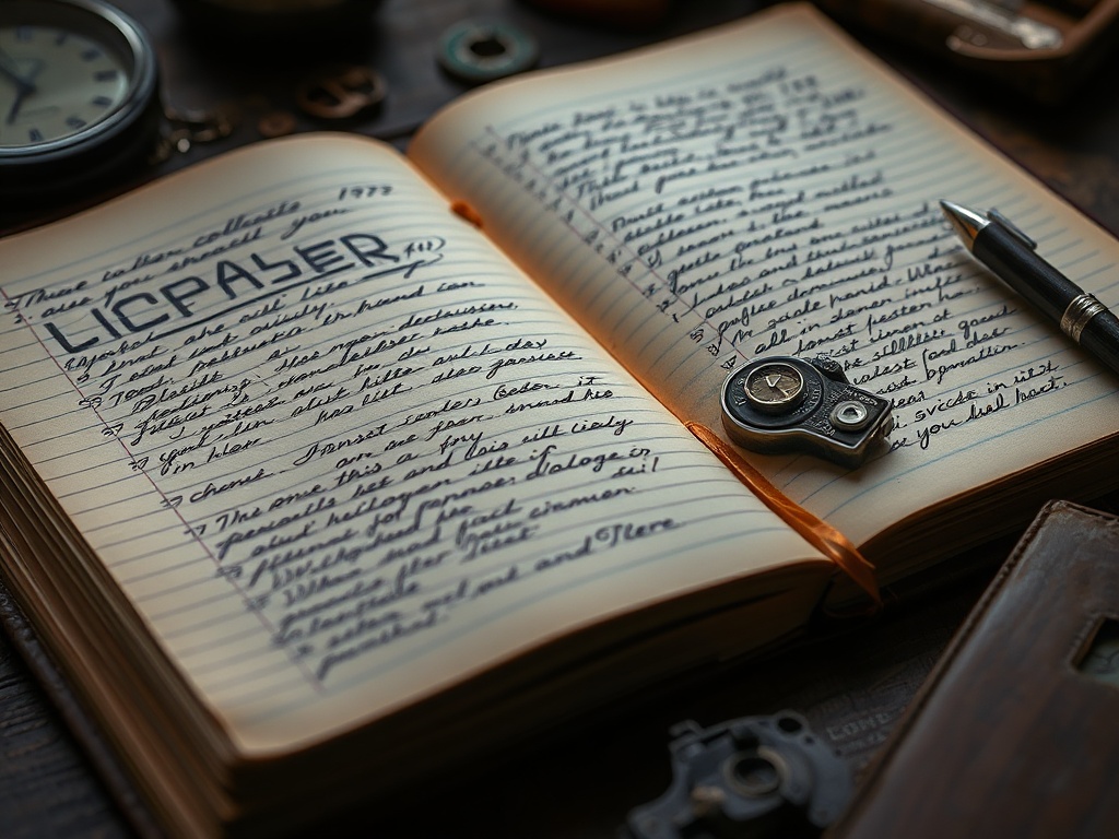close-up of handwritten collector logbook with detailed entries beside small vintage items, moody lighting