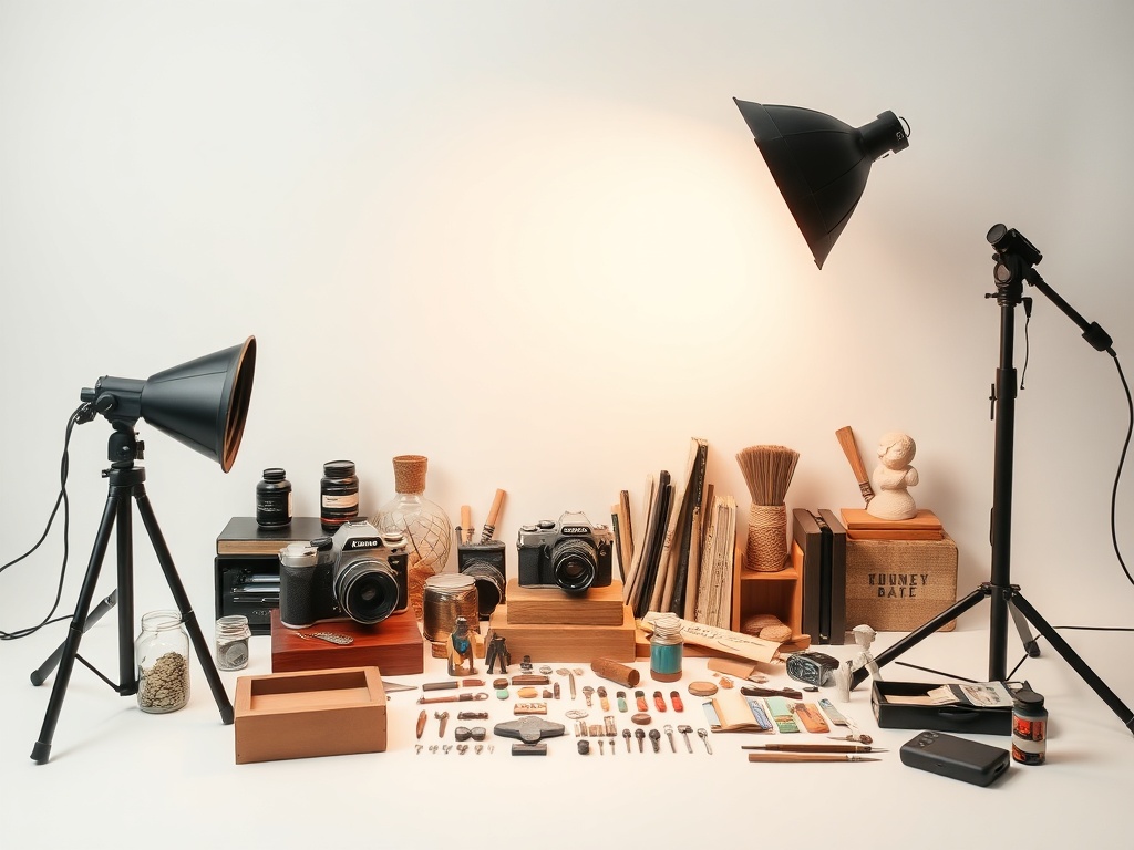 collector photographing small items on neutral background with softbox lighting, organized setup
