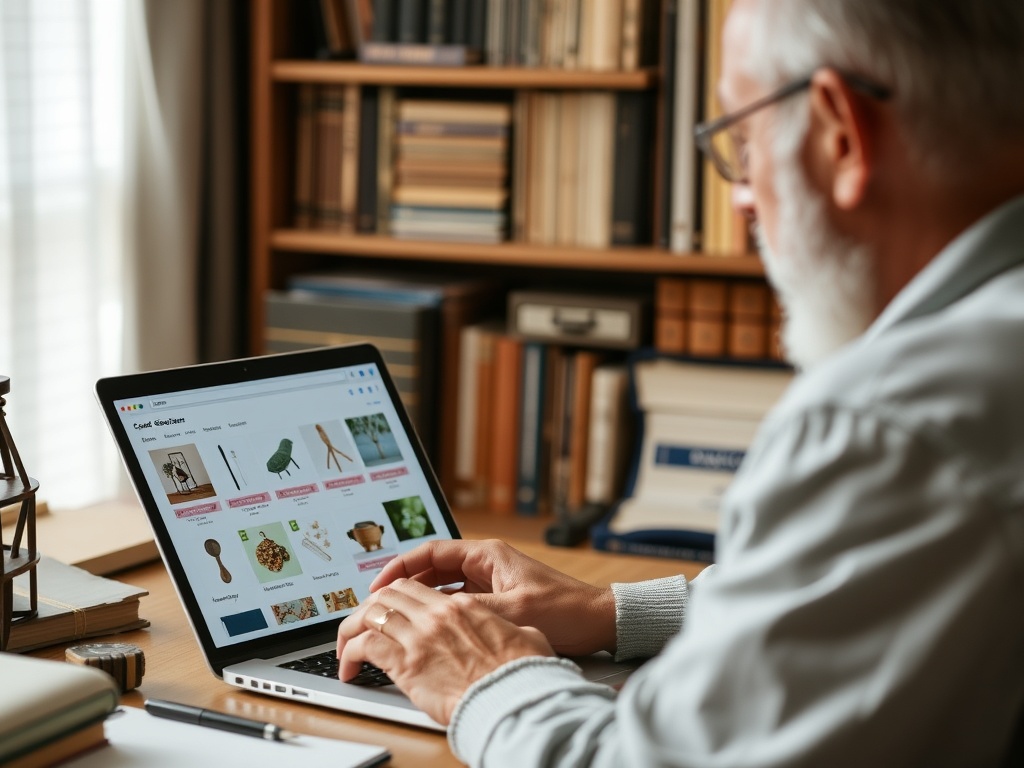 collector reviewing organized digital catalog on laptop with thumbnails of small items