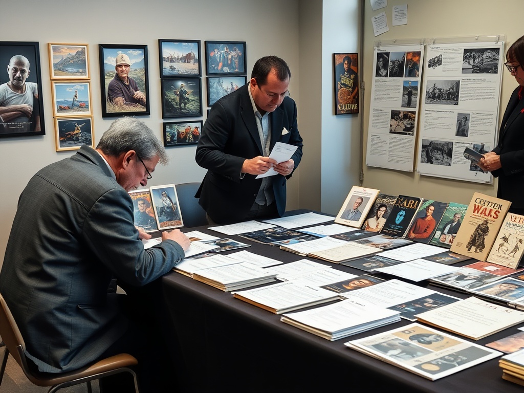 collector trading items across table with documented notes and photos visible, professional atmosphere