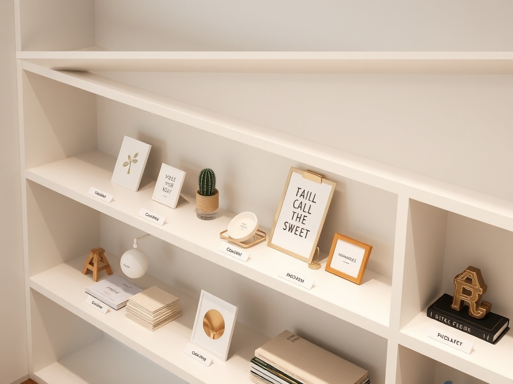 minimalist shelf display of small collectibles each labeled cleanly, modern aesthetic