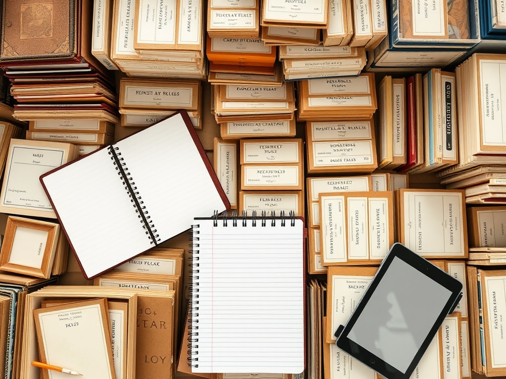 top-down view of meticulously cataloged collection with labels, notebook, and digital tablet