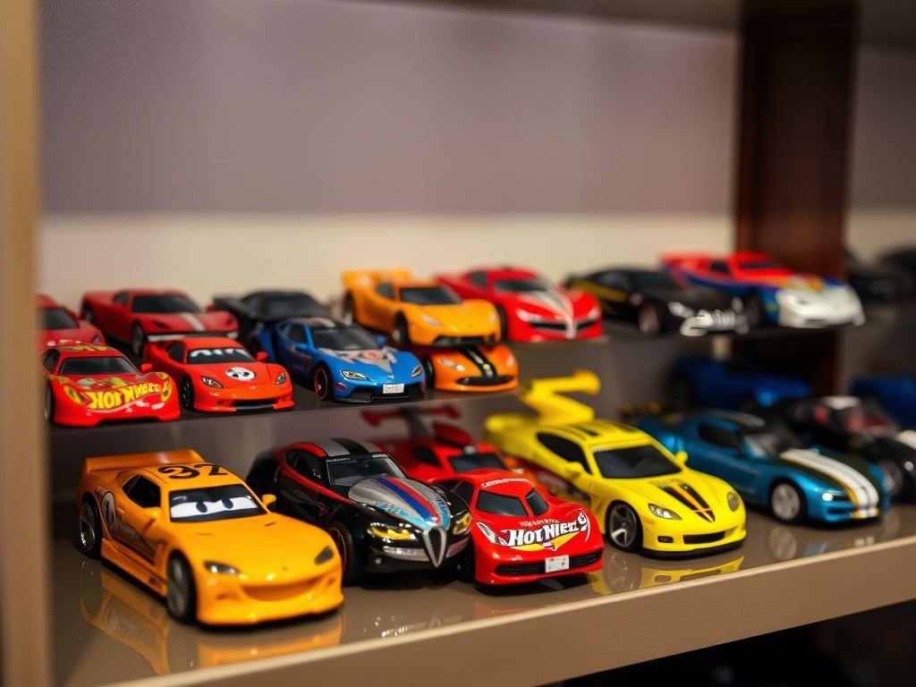 a collection of hot wheels cars displayed neatly on a shelf with proper lighting