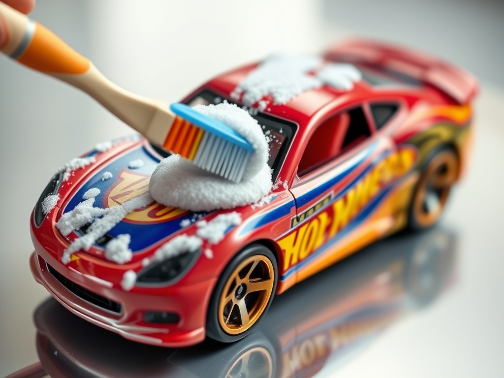 a hot wheels car being gently cleaned with a toothbrush and microfiber cloth