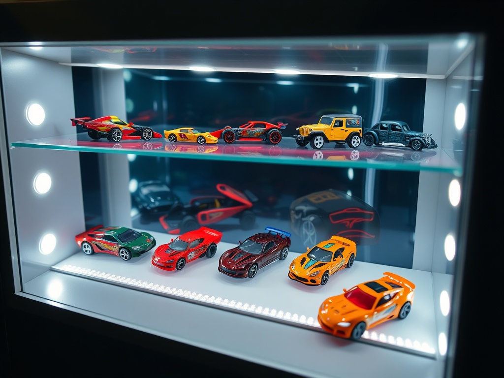 a well-lit display shelf showing hot wheels cars with soft LED lights around them