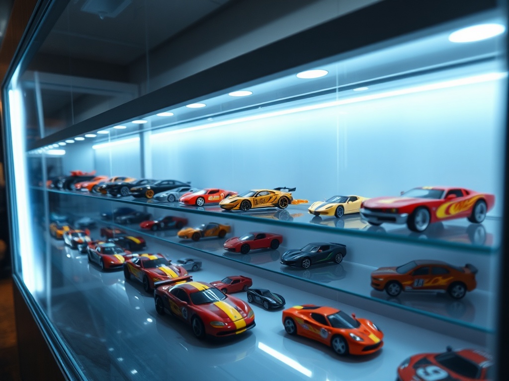 a well-lit glass display case with Hot Wheels cars arranged inside