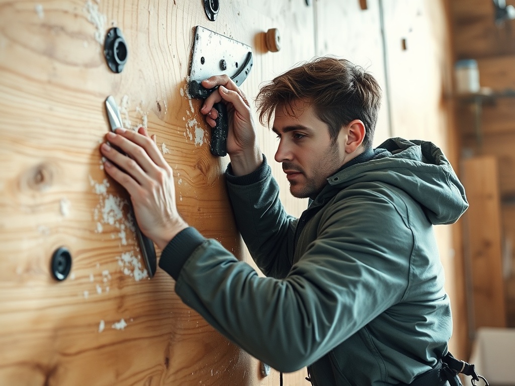 a climber training indoors with ice tools on a wooden dry tooling wall, chalk dust in cold light, focused expression