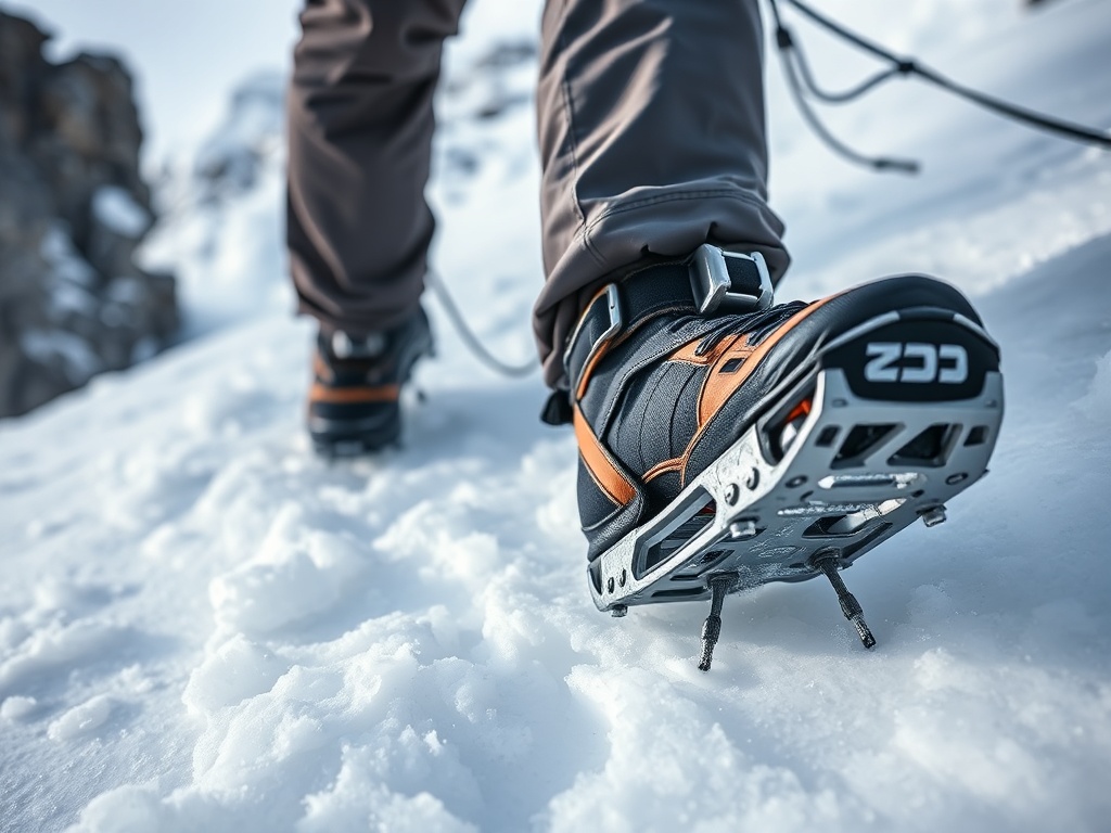 close-up of crampon front points on steep ice, highlighting calf tension and precise foot placement