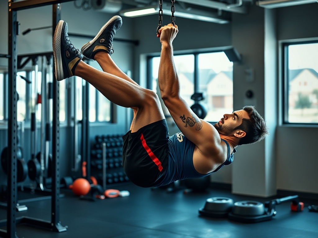 core training with hanging leg raises and ice tools, athlete stabilizing body in a gym