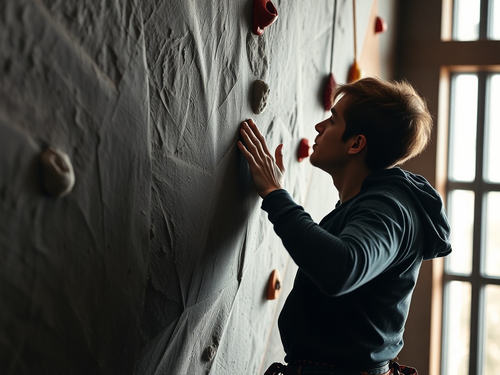 focused climber visualizing route indoors, chalked hands, intense concentration