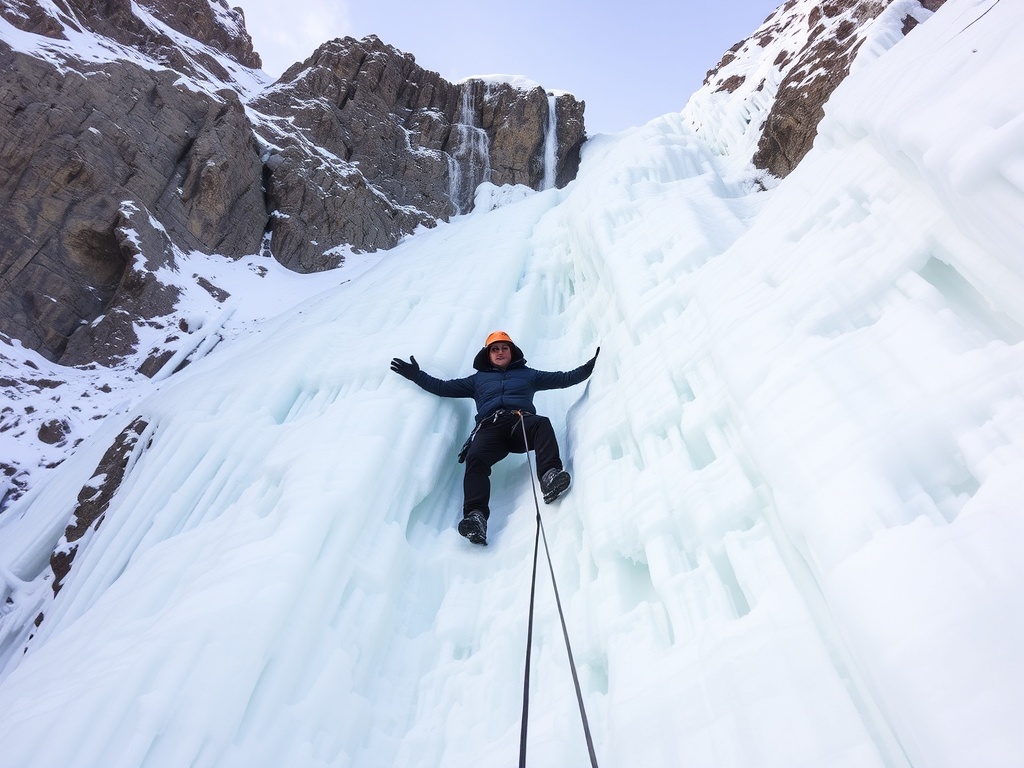 ice climber pausing mid-route to shake out arms on a frozen waterfall, winter alpine setting
