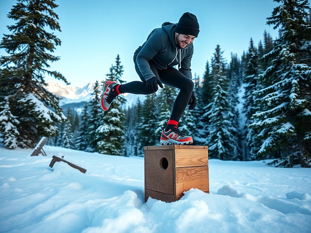 mountain athlete doing step-ups with crampons on a wooden box, snowy outdoor training environment