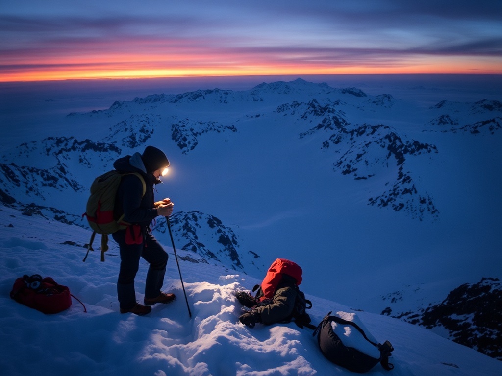 winter climber packing gear before dawn, headlamp glow, frozen landscape