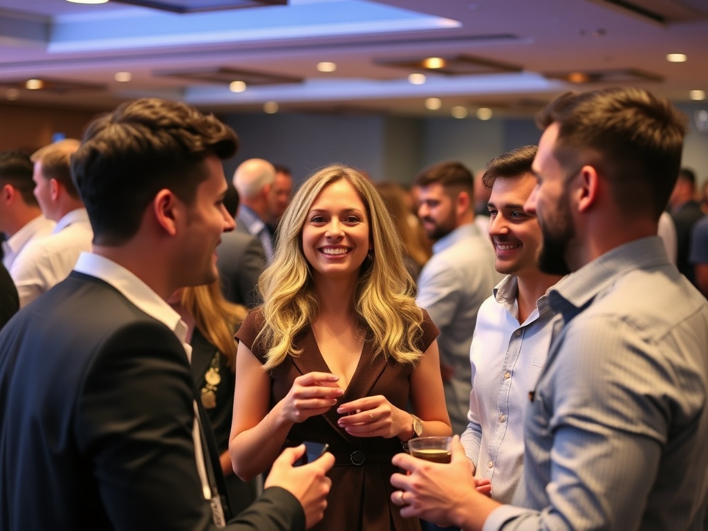 A dynamic professional networking event, showing entrepreneurs engaging and collaborating
