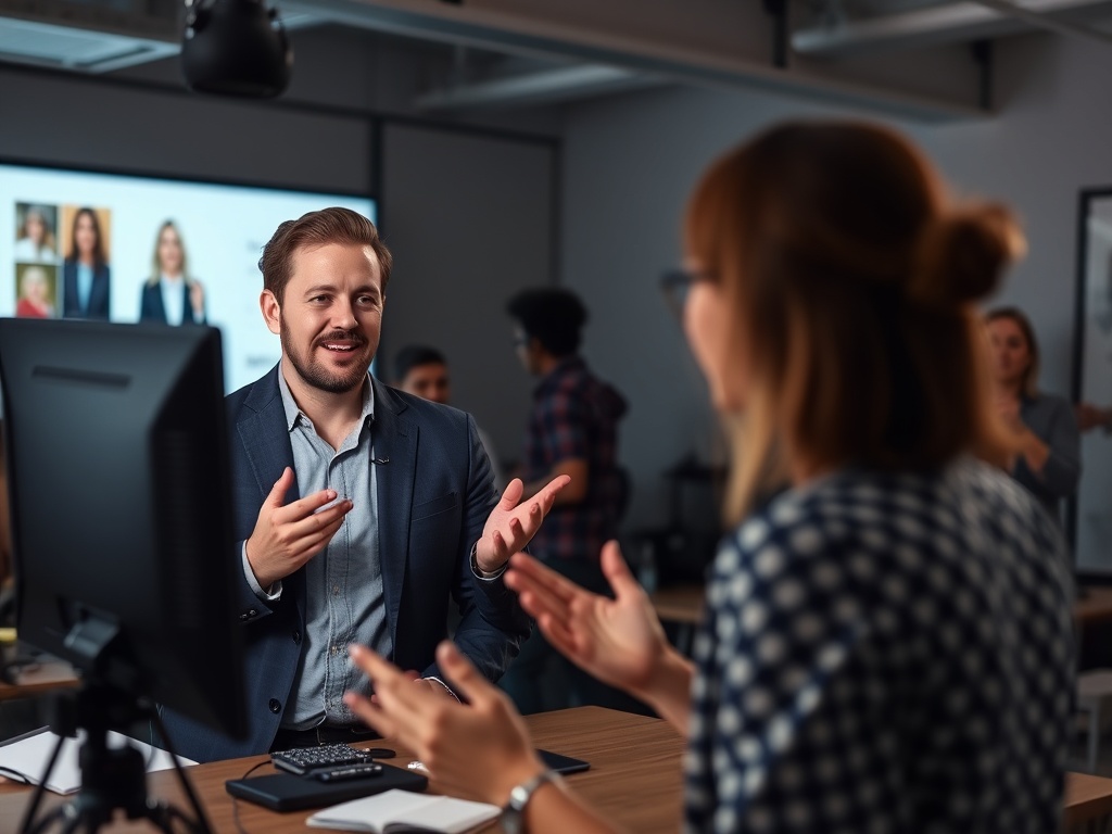 A professional personal branding scene, with an entrepreneur presenting online or engaging with followers