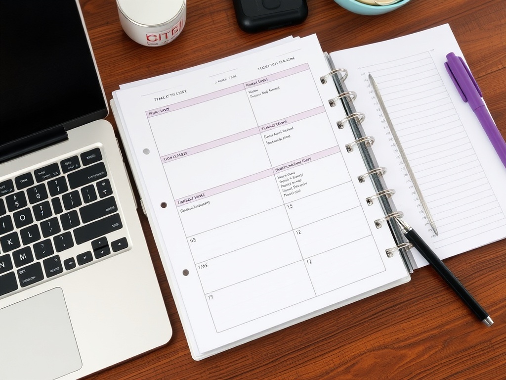 A time management system with planners, to-do lists, and a laptop