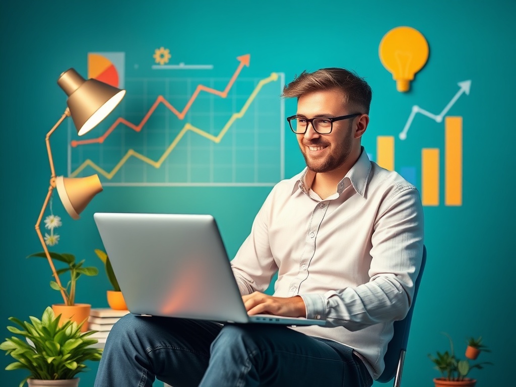 A vibrant scene showing an entrepreneur with a laptop and success charts, indicating growth and strategy