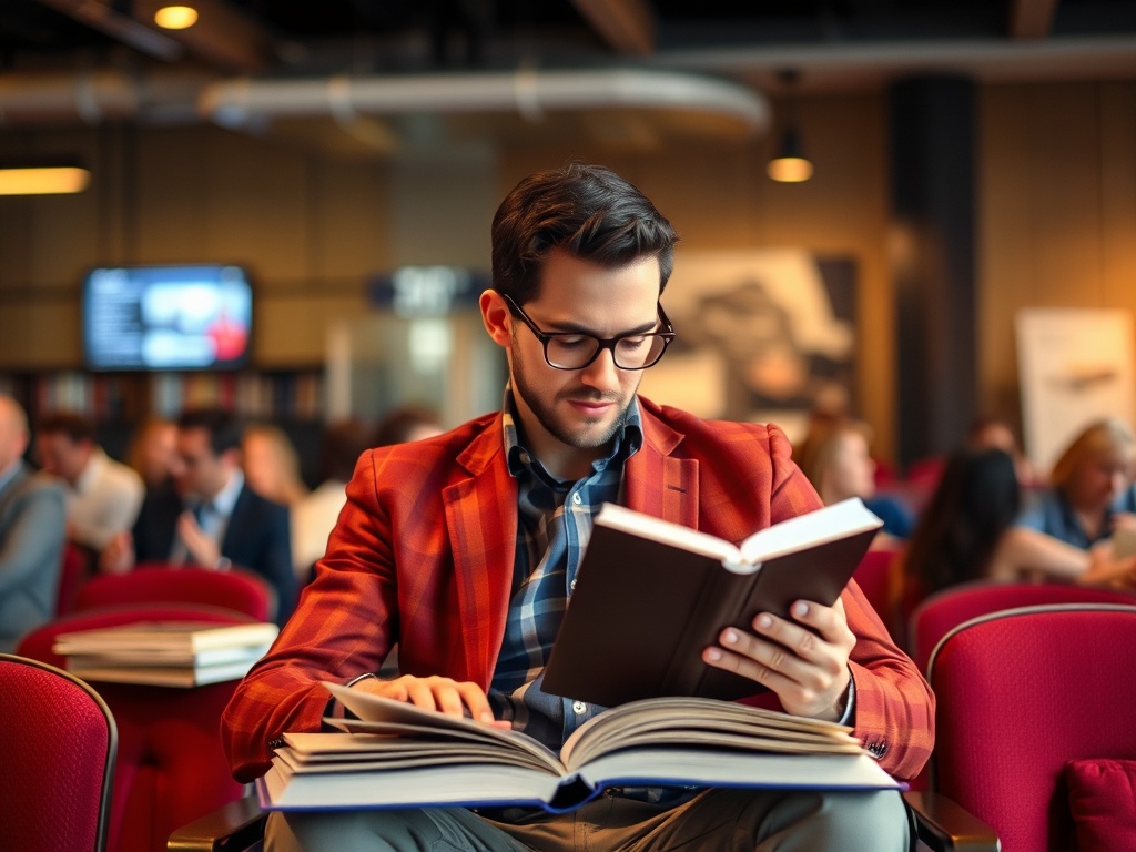An image of an entrepreneur reading books, attending seminars, or reflecting on their growth