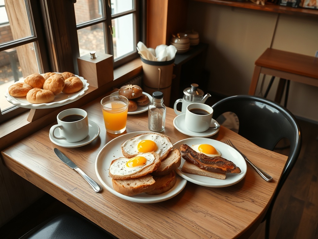 brunch table with eggs toast coffee and local pastries in rustic cafe setting