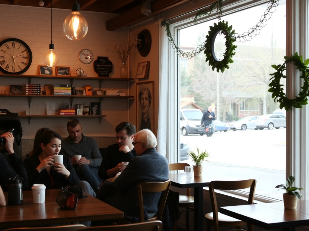 cozy cafe interior in Ontario small town, people with coffee, warm light, relaxed vibe