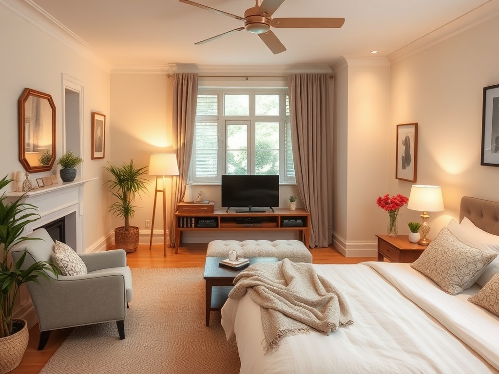 cozy living room or bed and breakfast bedroom with soft lighting, relaxing end of day feel