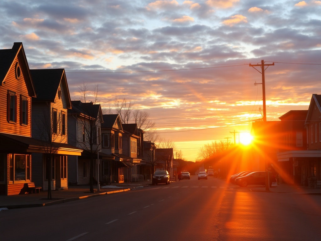 golden hour sunset over quiet Ontario town street, warm glow, peaceful evening