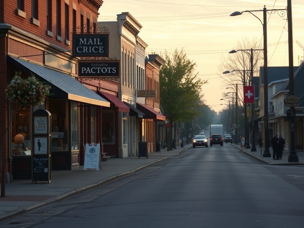 quiet small town Ontario main street early morning, local shops opening, soft light, calm atmosphere