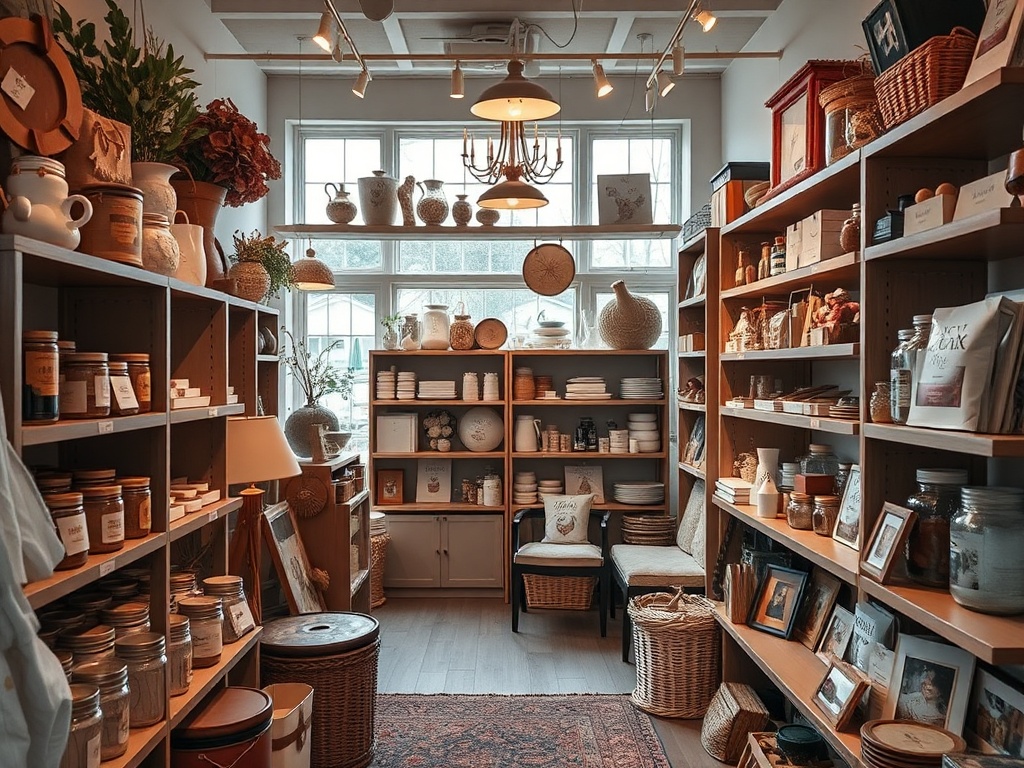 small boutique shop in Ontario with handmade goods, warm lighting, shelves and displays