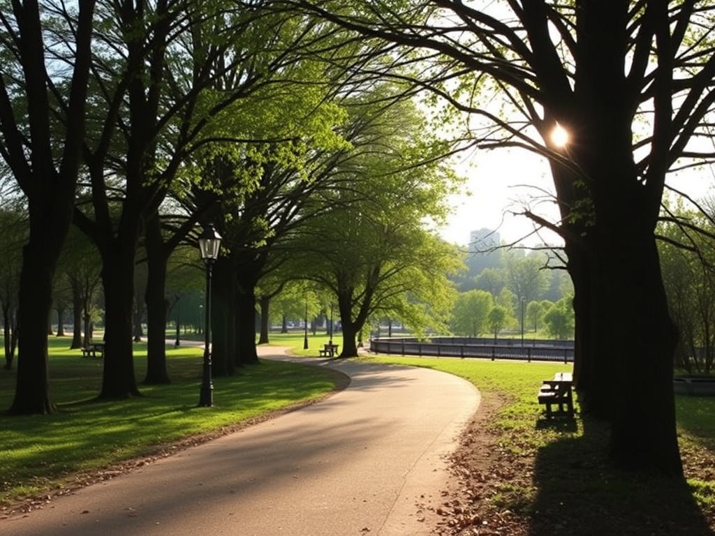 tree-lined walking path in Ontario park near small town, peaceful, soft sunlight